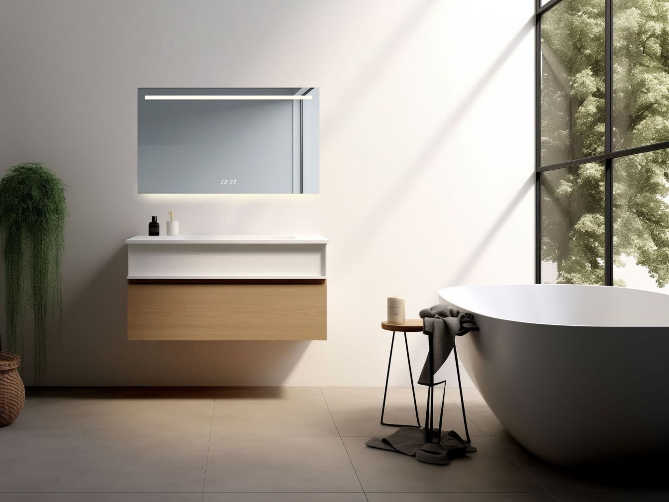 Badspiegel mit Sandstrahlung und Digitaluhr